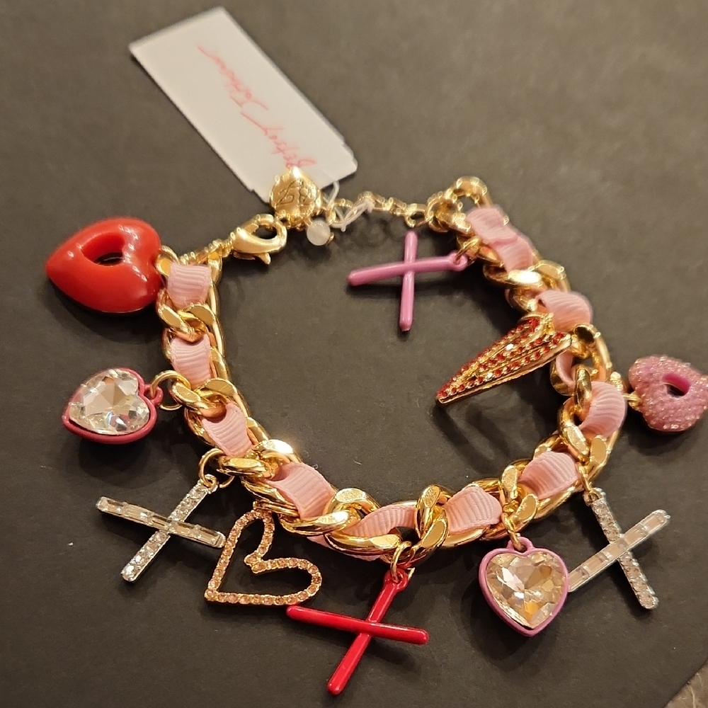 Betsey Johnson Gold and Pink Heart Charm Bracelet